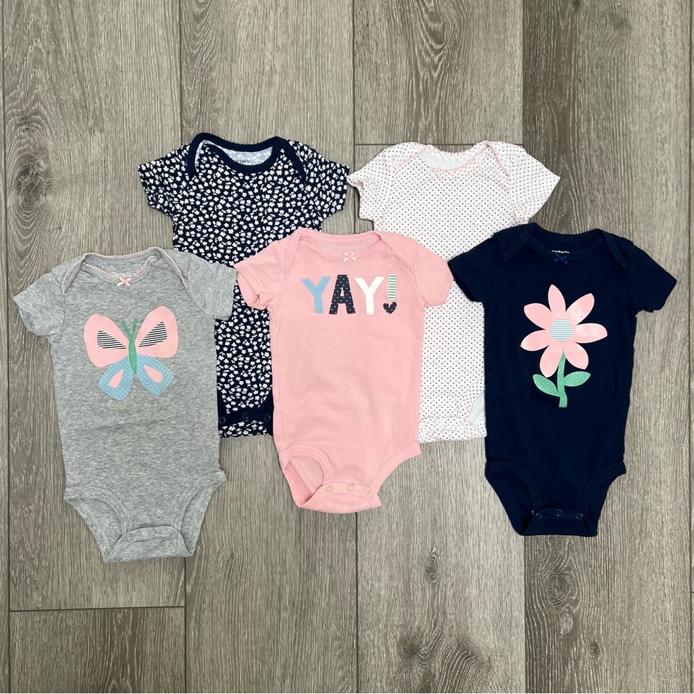 CARTERS 5PC SHORT SLEEVE BODYSUITS PINK BLUE 9MO